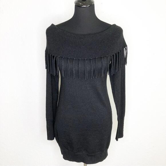 WHBM black metallic off shoulder fringe trim sweater size Small - Picture 1 of 16
